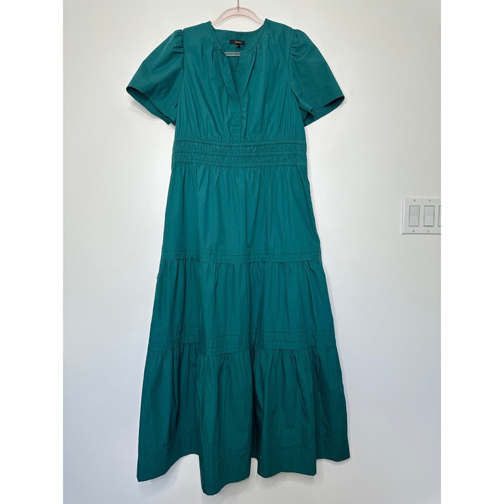 Quince Organic Cotton Tiered Maxi Dress Womens L Garden Green Smocked Waist